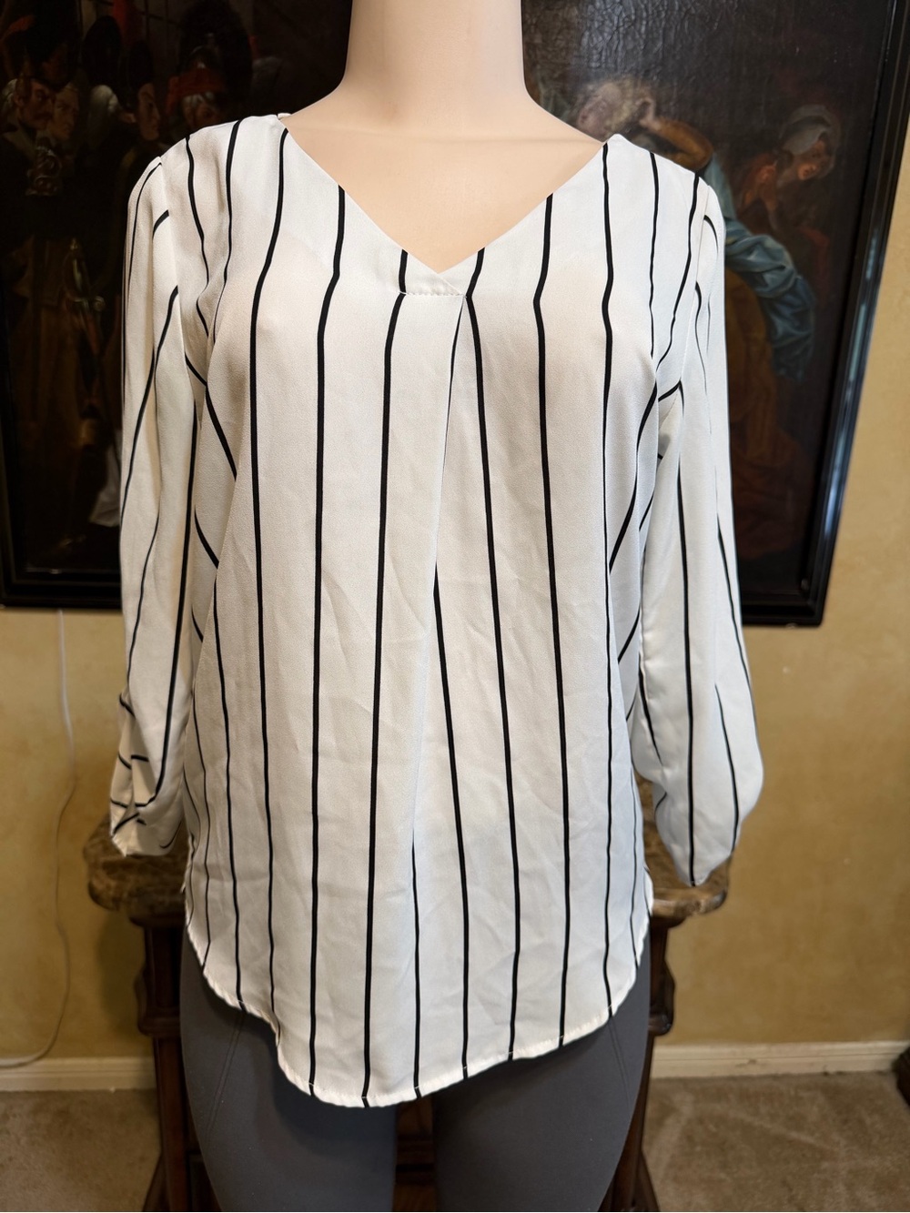Silver Jeans White V-Neck Blouse with Black Vertical Stripes